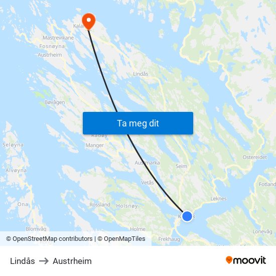 Lindås to Austrheim map