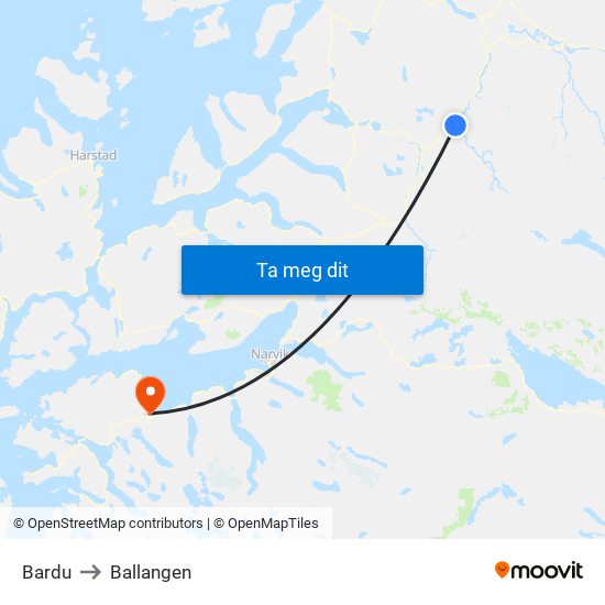 Bardu to Ballangen map