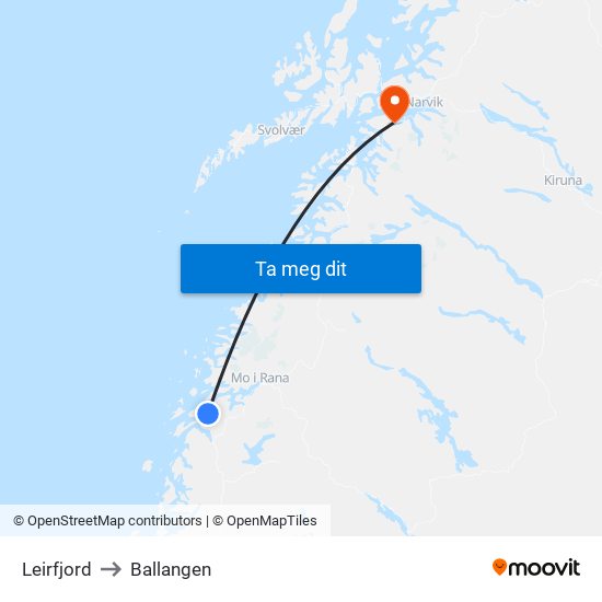 Leirfjord to Ballangen map