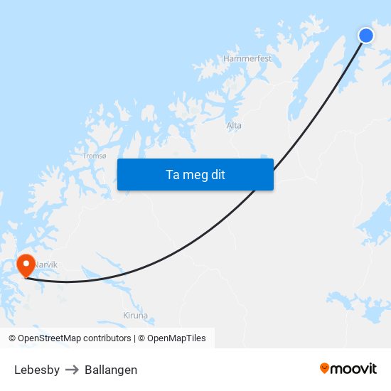 Lebesby to Ballangen map