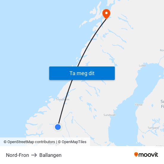 Nord-Fron to Ballangen map