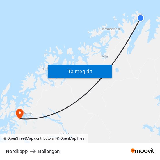 Nordkapp to Ballangen map