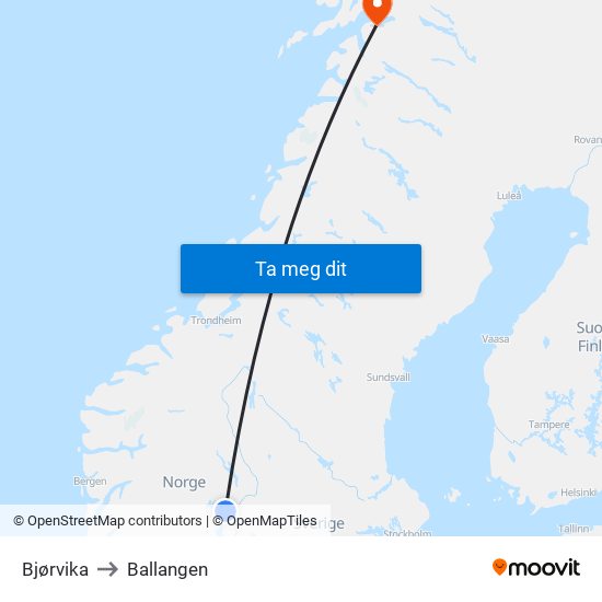 Bjørvika to Ballangen map