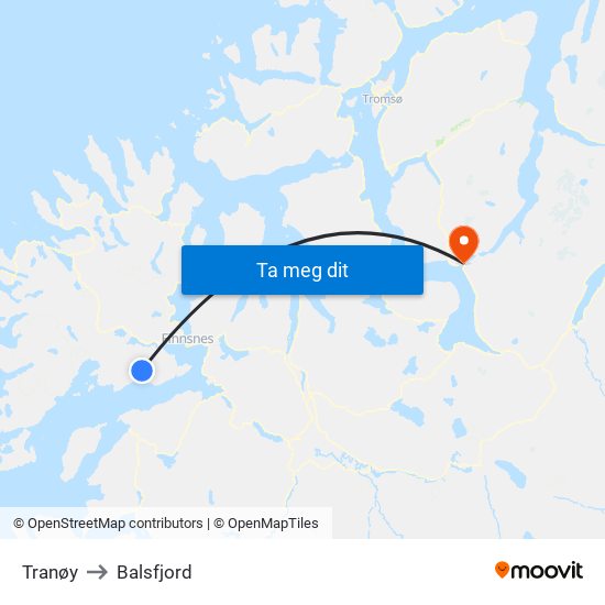 Tranøy to Balsfjord map