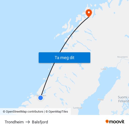 Trondheim to Balsfjord map