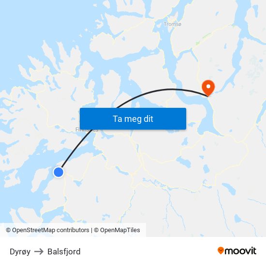 Dyrøy to Balsfjord map