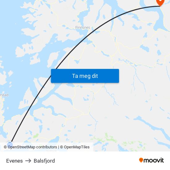 Evenes to Balsfjord map
