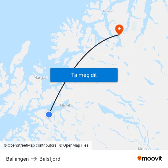 Ballangen to Balsfjord map