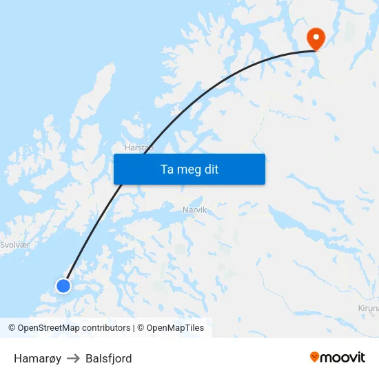 Hamarøy to Balsfjord map