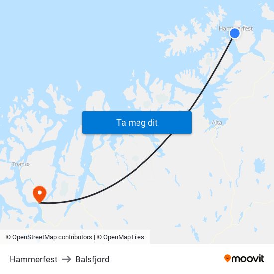 Hammerfest to Balsfjord map