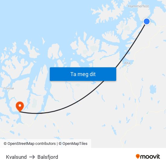Kvalsund to Balsfjord map