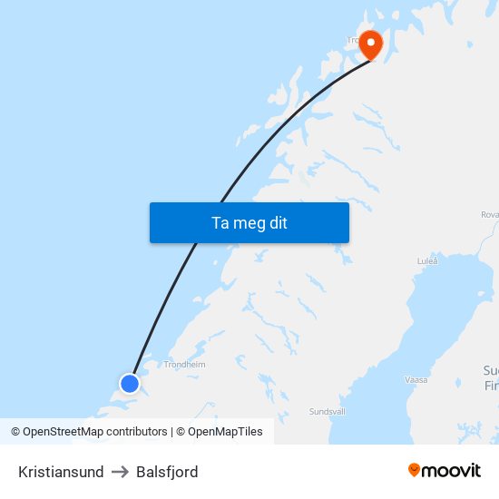 Kristiansund to Balsfjord map