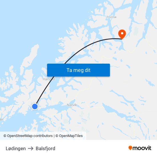 Lødingen to Balsfjord map