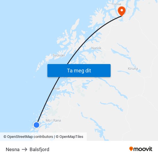Nesna to Balsfjord map