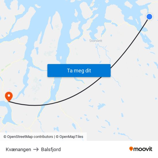Kvænangen to Balsfjord map