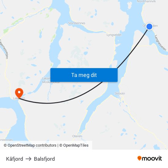 Kåfjord to Balsfjord map