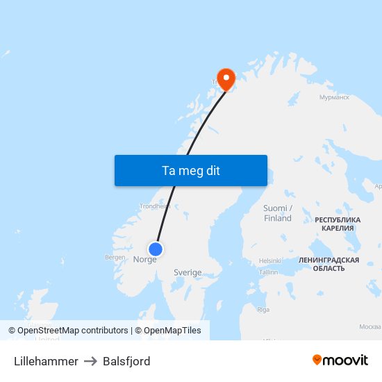 Lillehammer to Balsfjord map