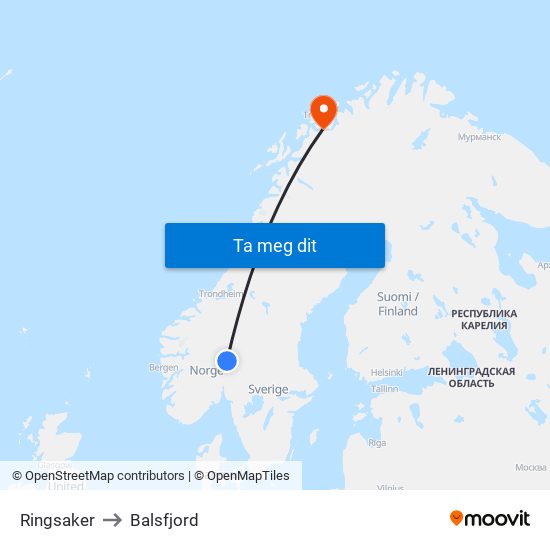 Ringsaker to Balsfjord map
