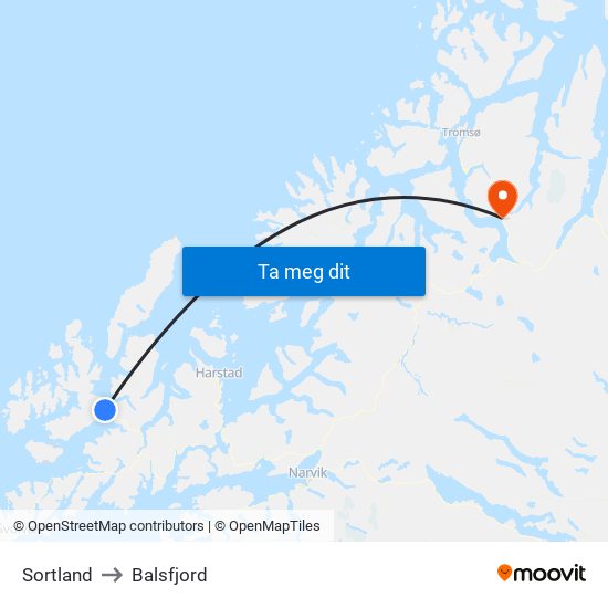 Sortland to Balsfjord map