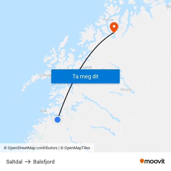 Saltdal to Balsfjord map