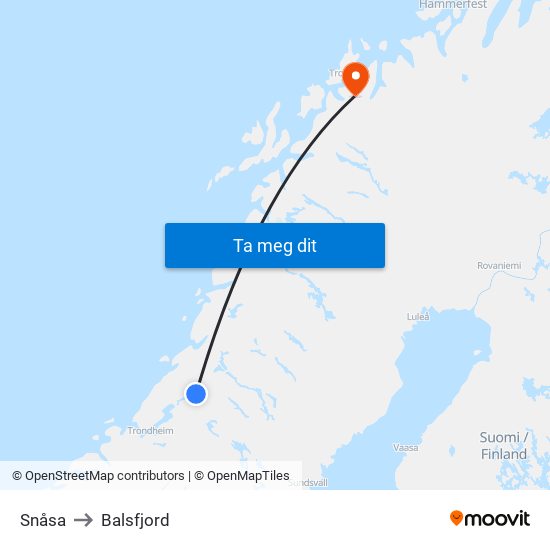 Snåsa to Balsfjord map