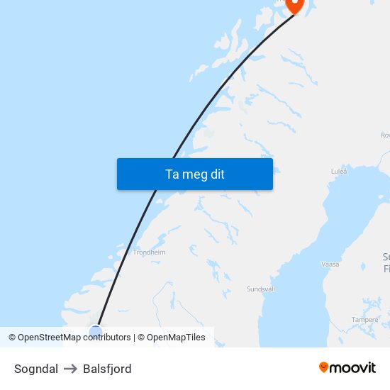 Sogndal to Balsfjord map