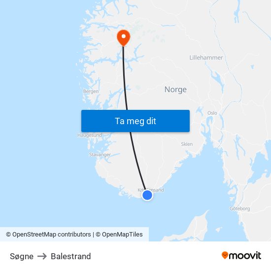 Søgne to Balestrand map