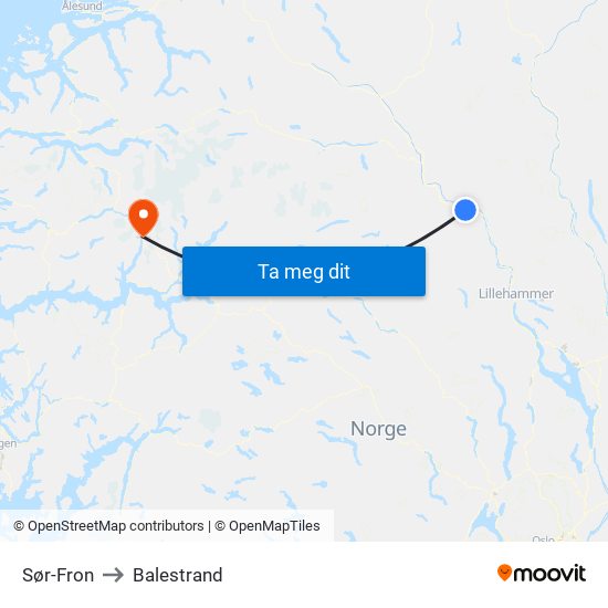 Sør-Fron to Balestrand map