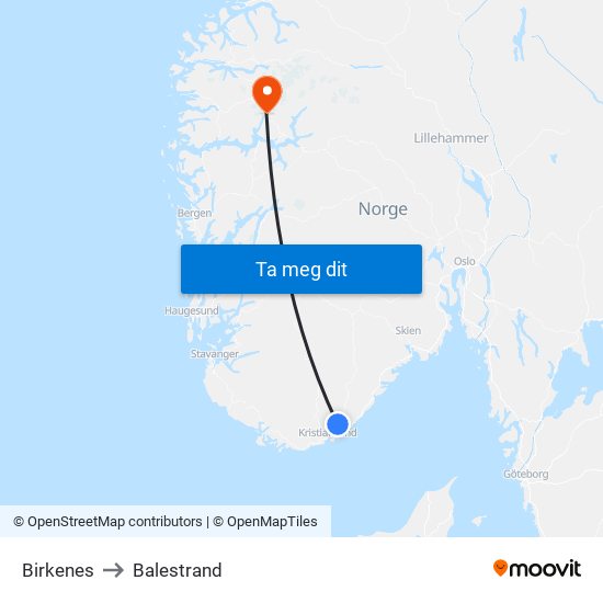 Birkenes to Balestrand map