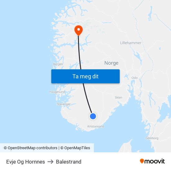 Evje Og Hornnes to Balestrand map