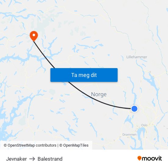 Jevnaker to Balestrand map