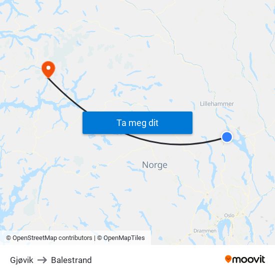 Gjøvik to Balestrand map