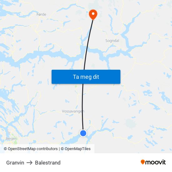 Granvin to Balestrand map