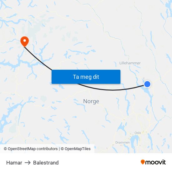 Hamar to Balestrand map