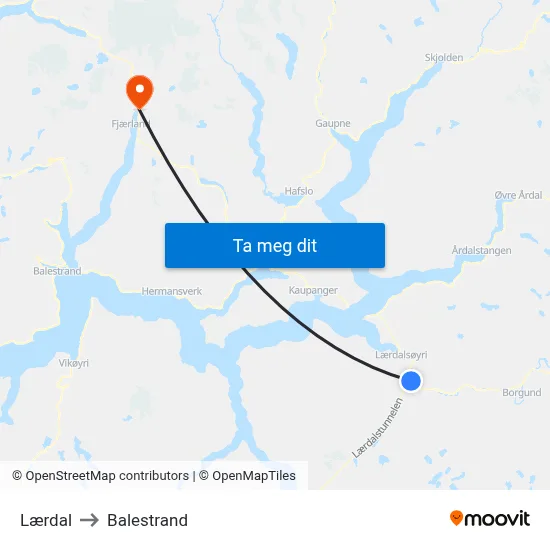 Lærdal to Balestrand map