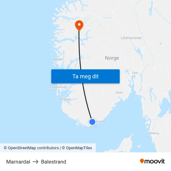 Marnardal to Balestrand map