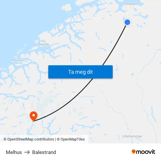 Melhus to Balestrand map