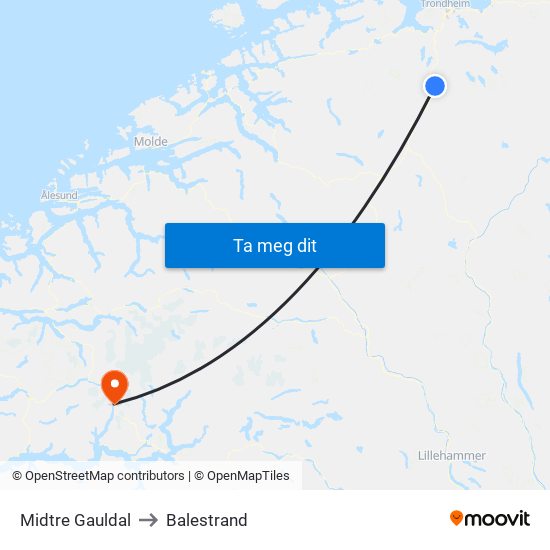 Midtre Gauldal to Balestrand map