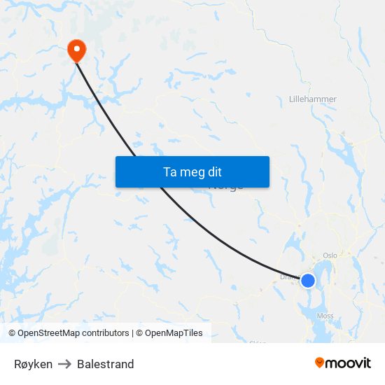 Røyken to Balestrand map