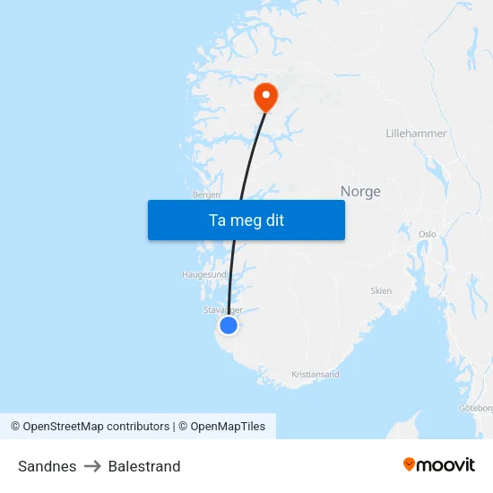 Sandnes to Balestrand map