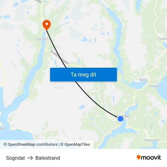Sogndal to Balestrand map