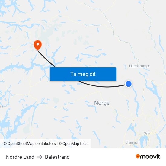 Nordre Land to Balestrand map