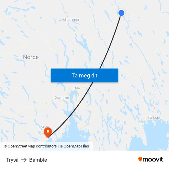 Trysil to Bamble map