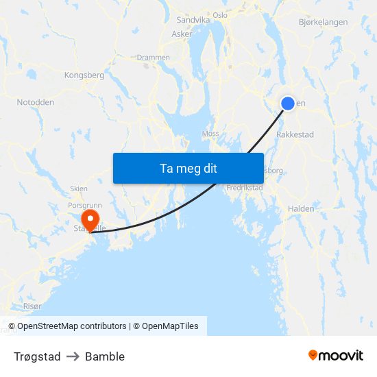 Trøgstad to Bamble map