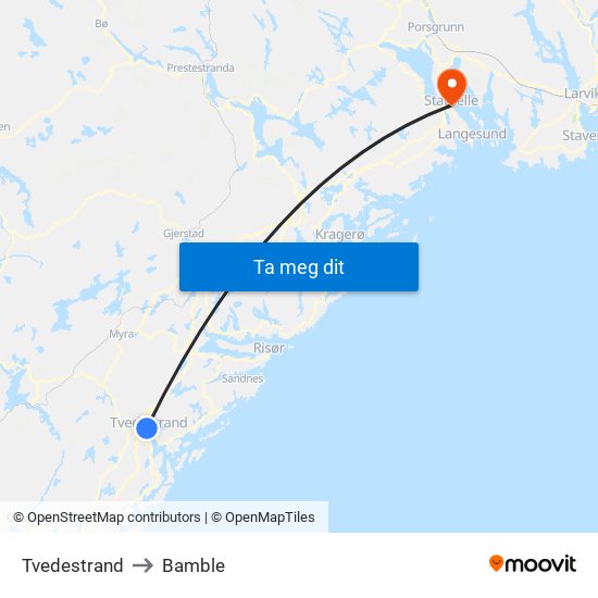 Tvedestrand to Bamble map