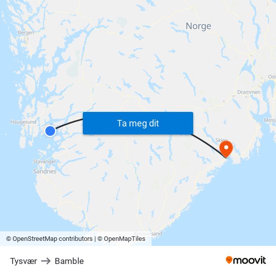 Tysvær to Bamble map
