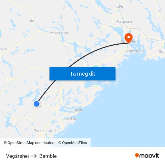 Vegårshei to Bamble map