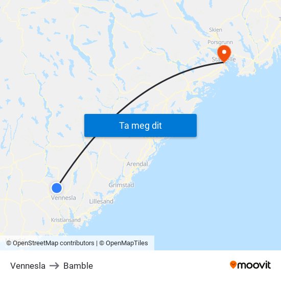 Vennesla to Bamble map