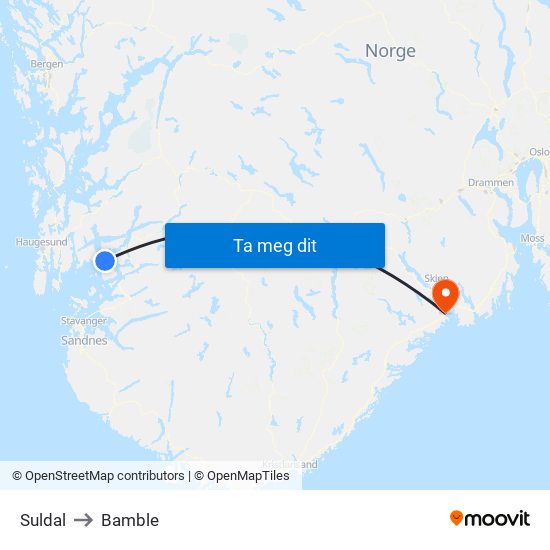 Suldal to Bamble map