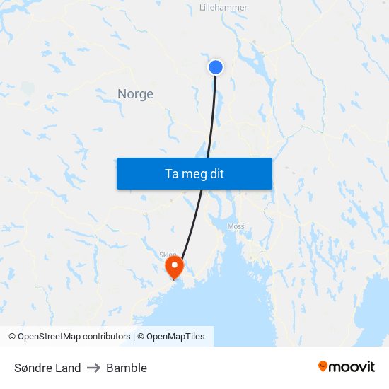 Søndre Land to Bamble map